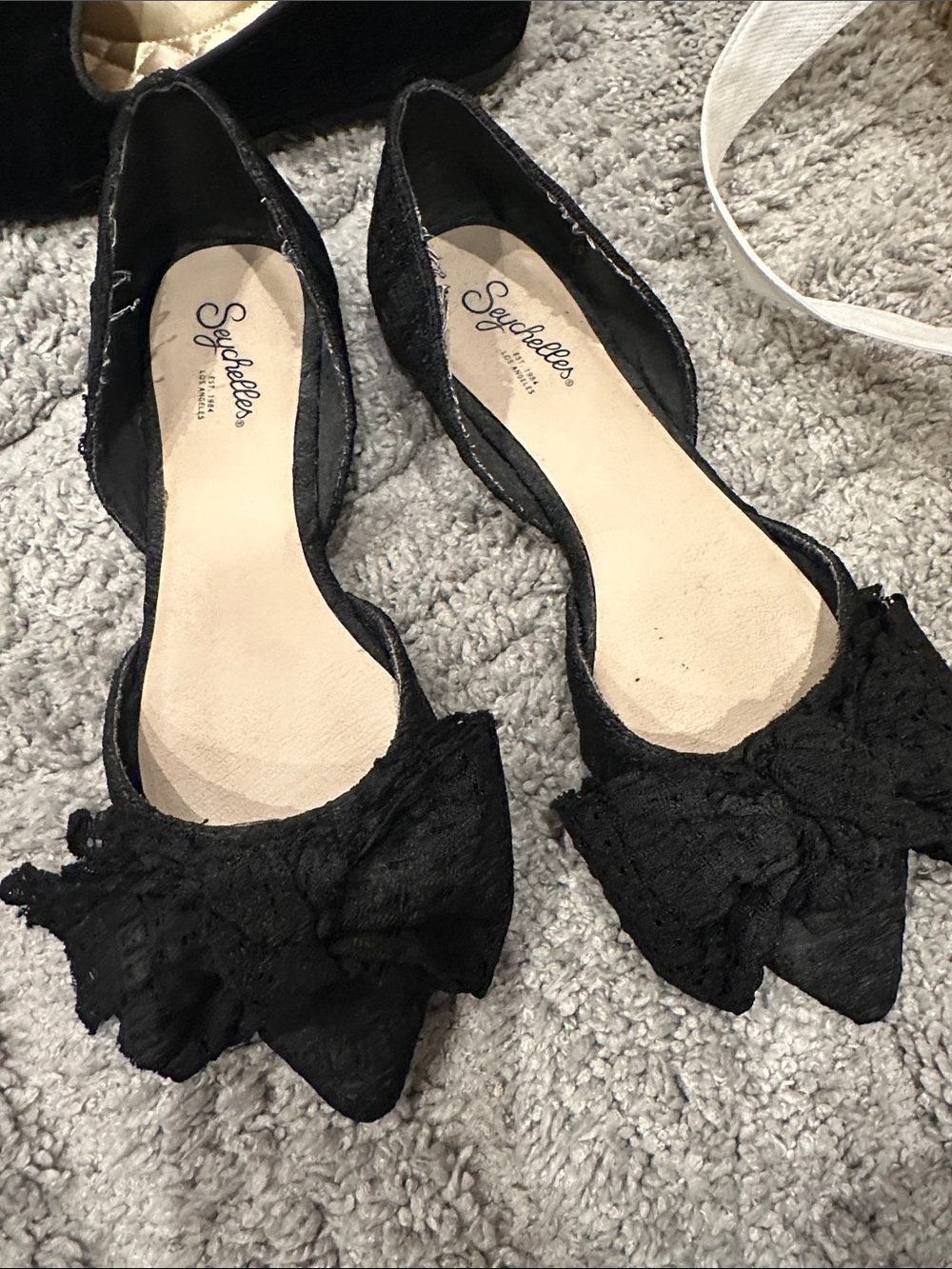 Seychelles Black Lace D'Orsay Pointed-Toe Flats with Bow